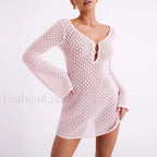 V Neck Hollow Tunic Cover Up Pink / S