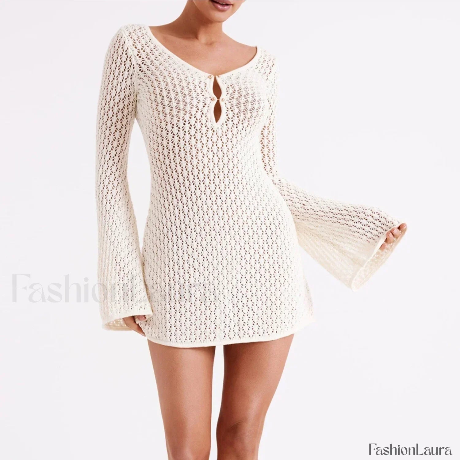 V Neck Hollow Tunic Cover Up WHITE / S