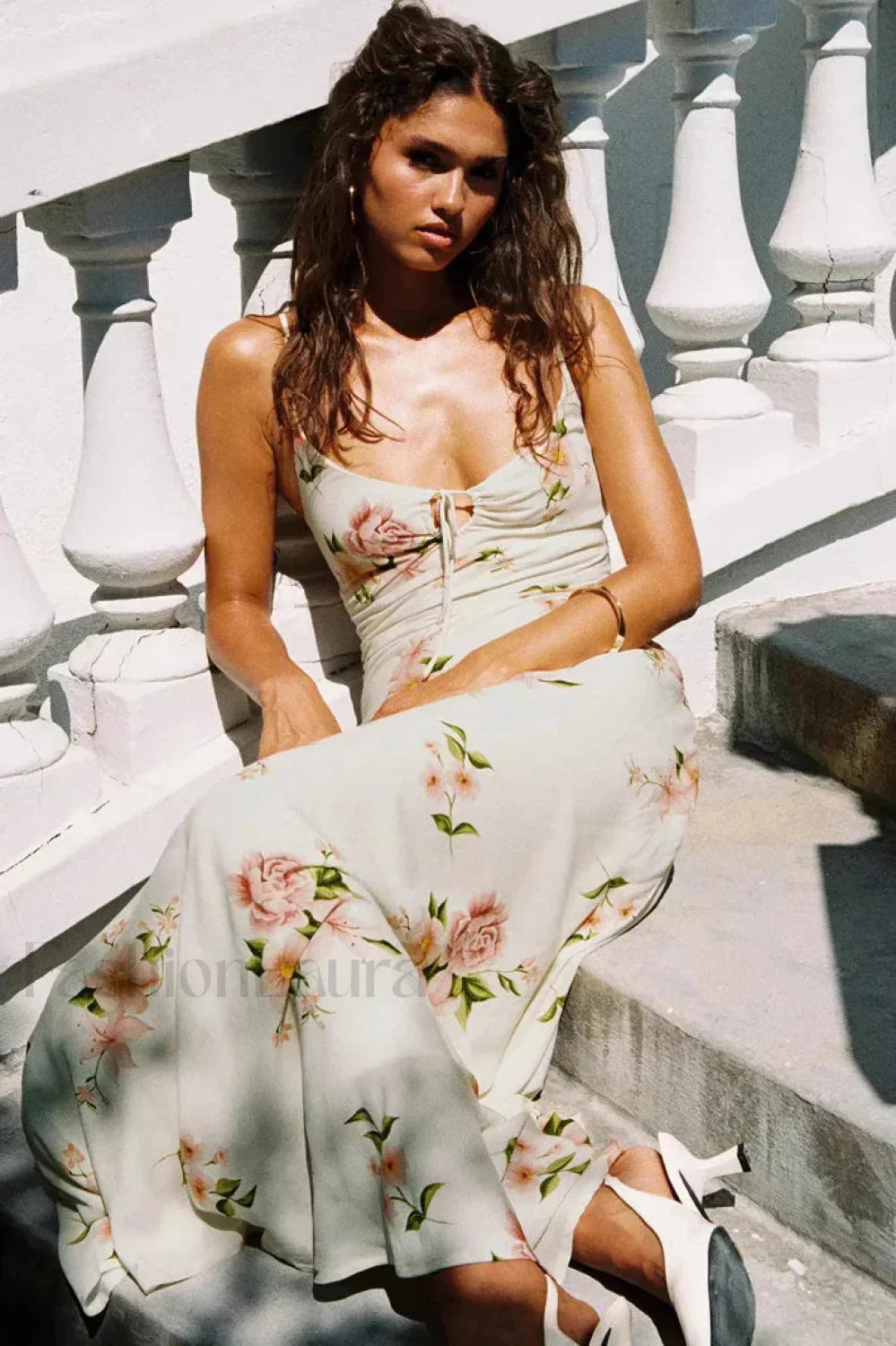 V Neck Lace Up Floral Retro Fishtail Dress Pure Desire Maxi Style White / S Main image