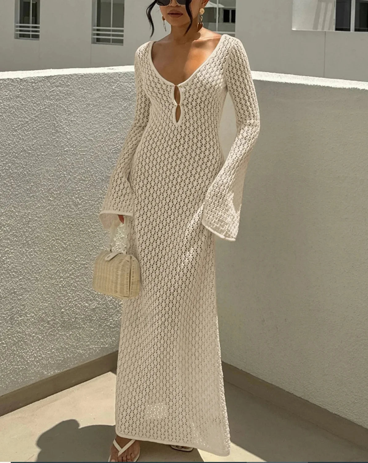 V Neck Long Sleeve Backless Cover Up