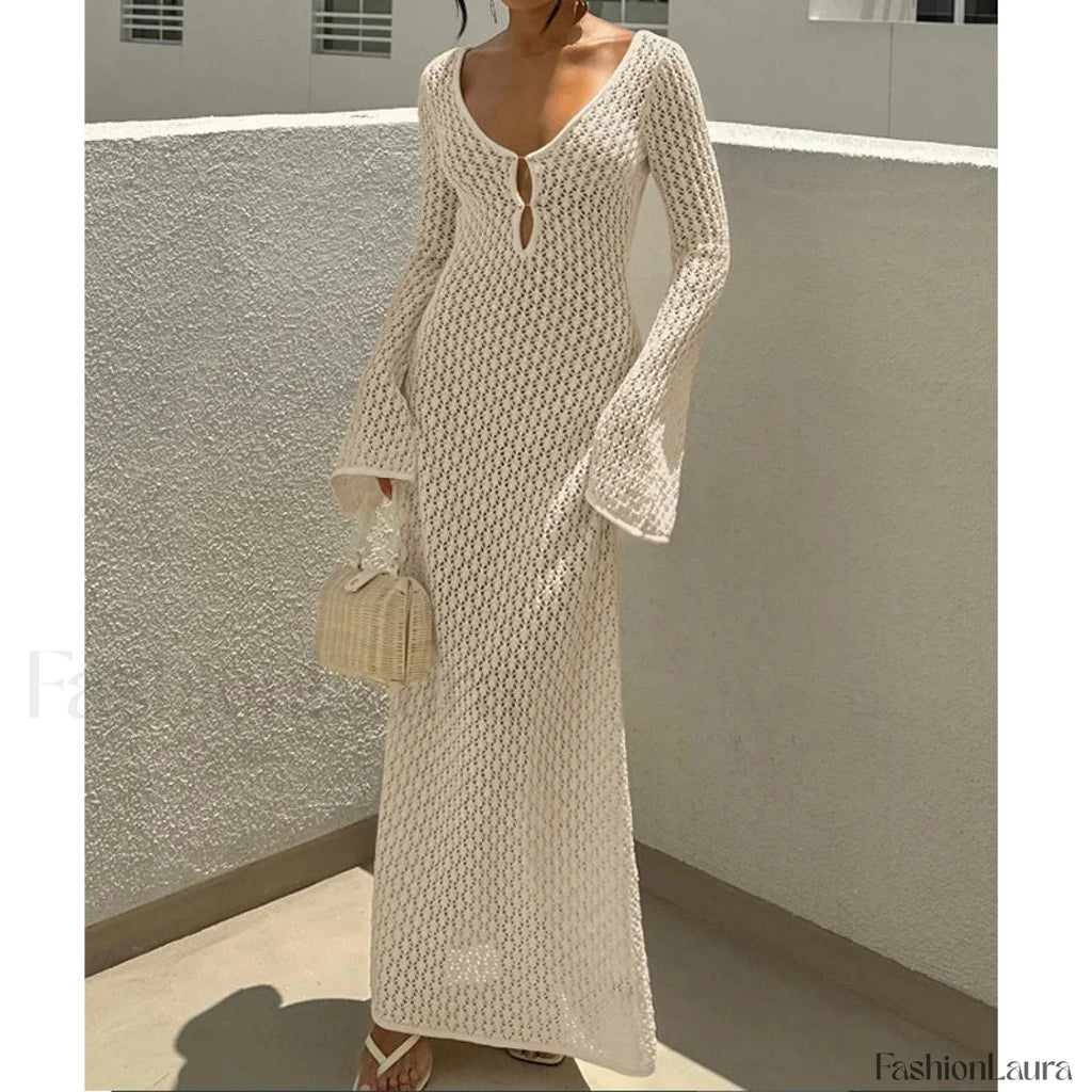 V Neck Long Sleeve Backless Cover Up Beige / S