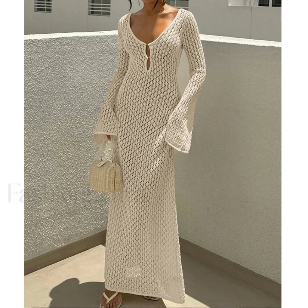 V Neck Long Sleeve Backless Cover Up Beige / S