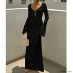 V Neck Long Sleeve Backless Cover Up Black / S