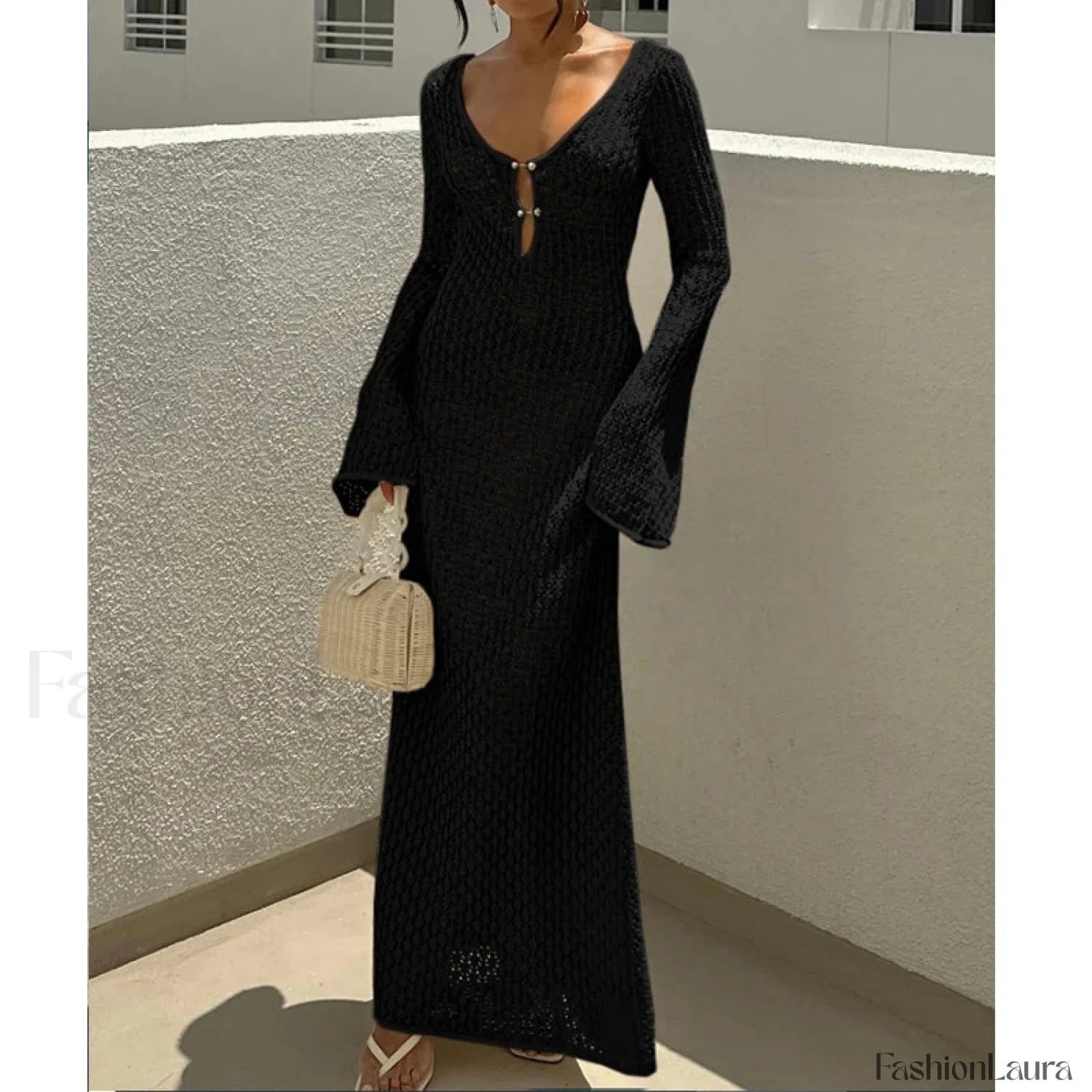 V Neck Long Sleeve Backless Cover Up Black / S
