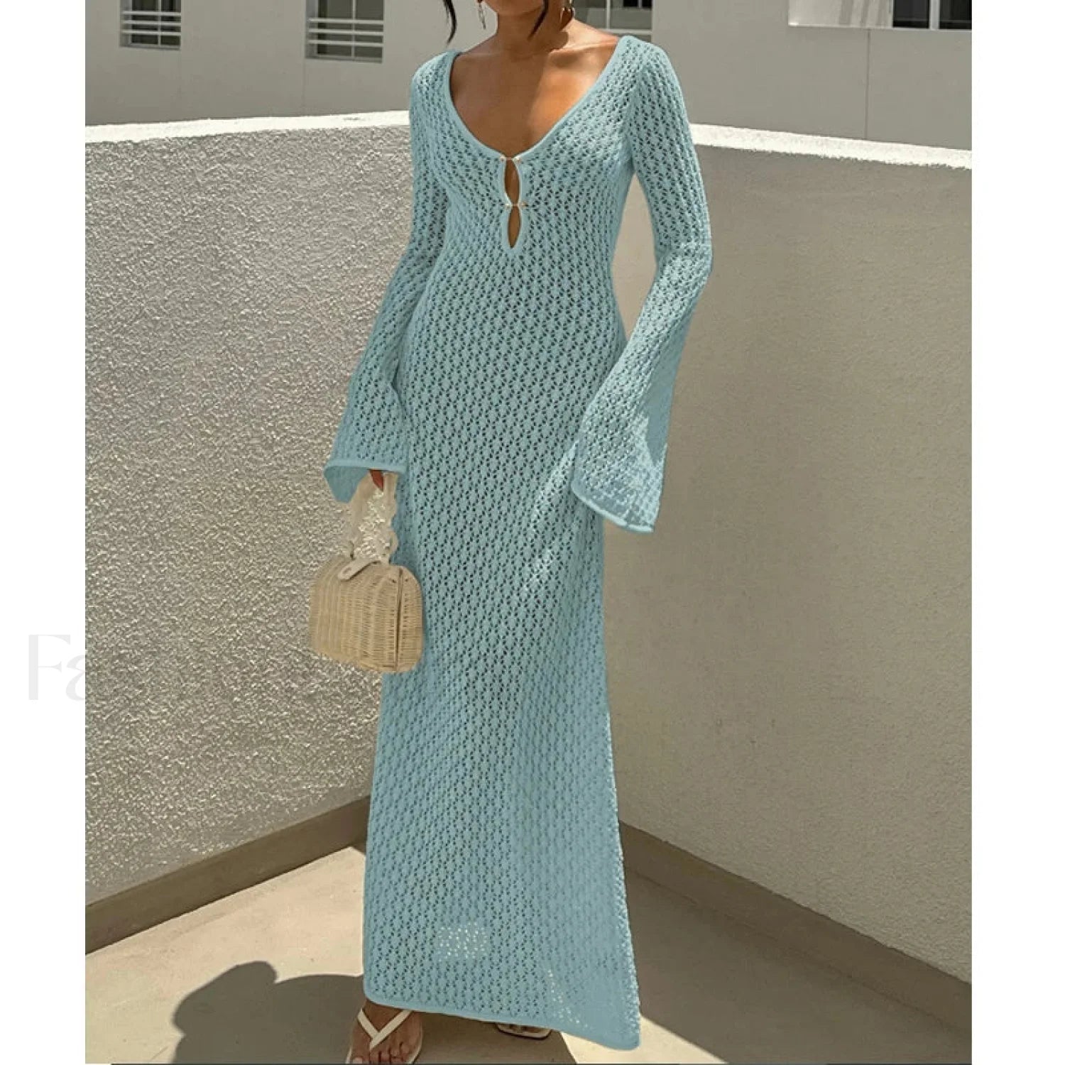V Neck Long Sleeve Backless Cover Up Blue / S Main image