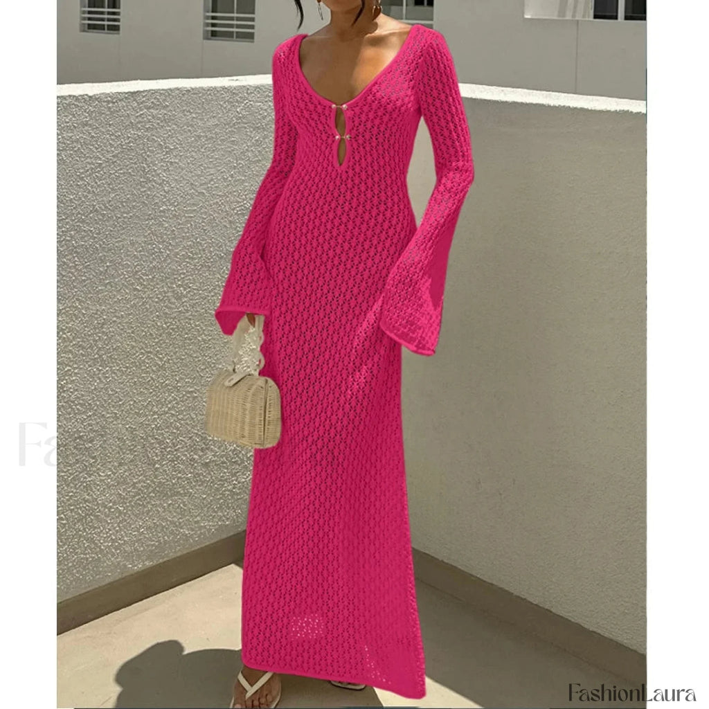 V Neck Long Sleeve Backless Cover Up Rose Red / S