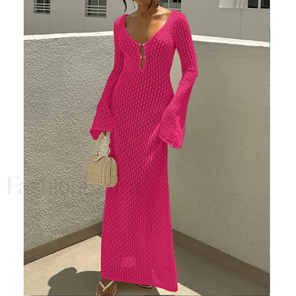V Neck Long Sleeve Backless Cover Up Rose Red / S
