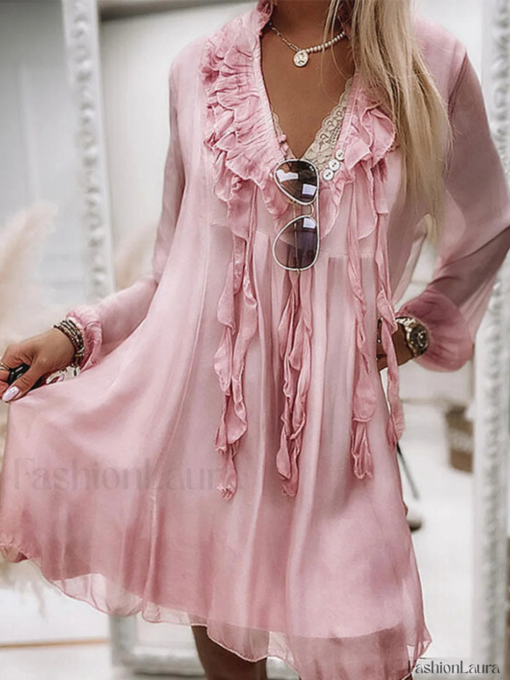 V Neck Long Sleeve Ruffle Midi Dress Midi Dresses