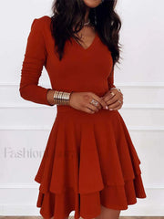 V Neck Long Sleeve Ruffle Midi Dress Red / S Midi Dresses
