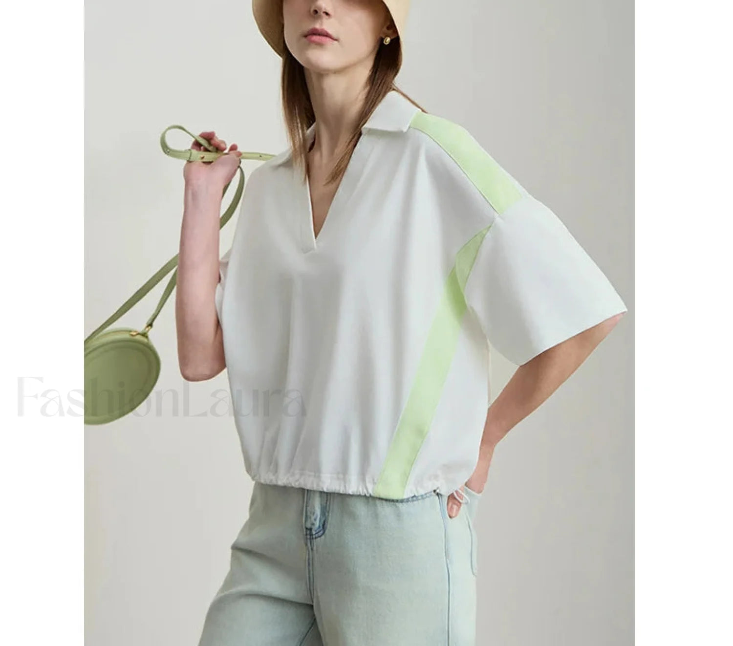 V Neck Loose Short Sleeve Cotton T Shirt Beige / S Main image
