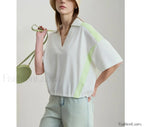V Neck Loose Short Sleeve Cotton T Shirt Beige / S