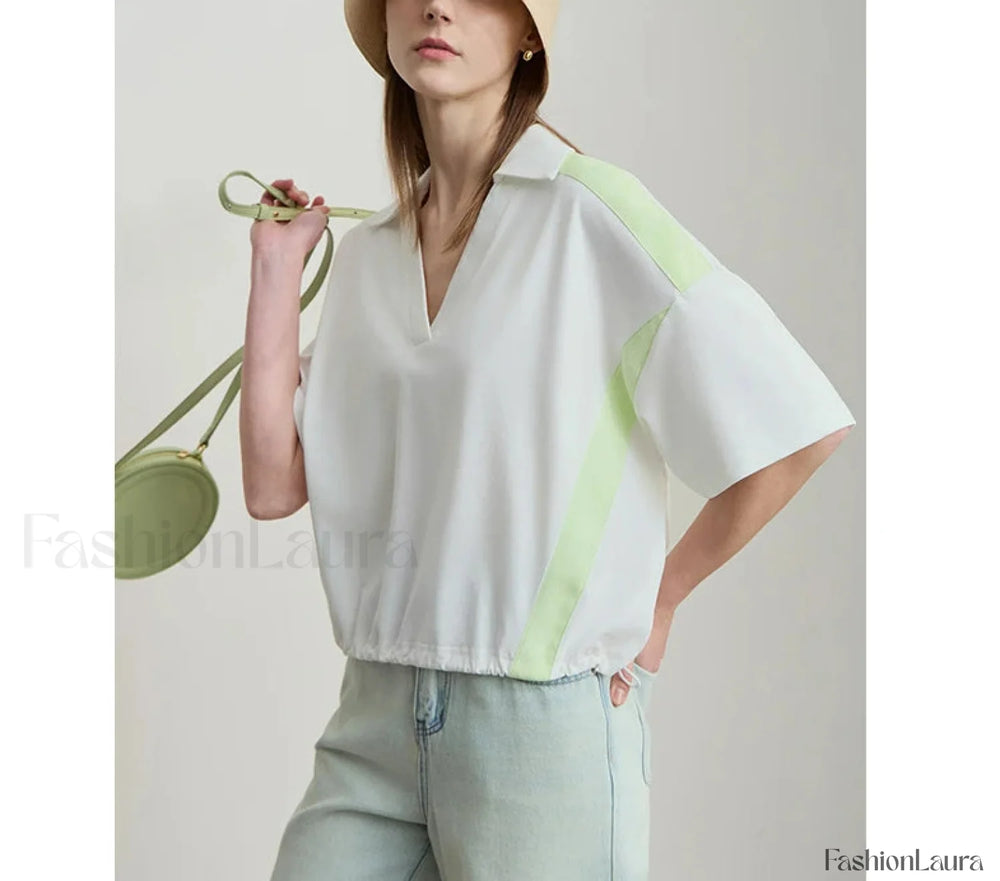 V Neck Loose Short Sleeve Cotton T Shirt Beige / S