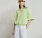 V Neck Loose Short Sleeve Cotton T Shirt Green / S