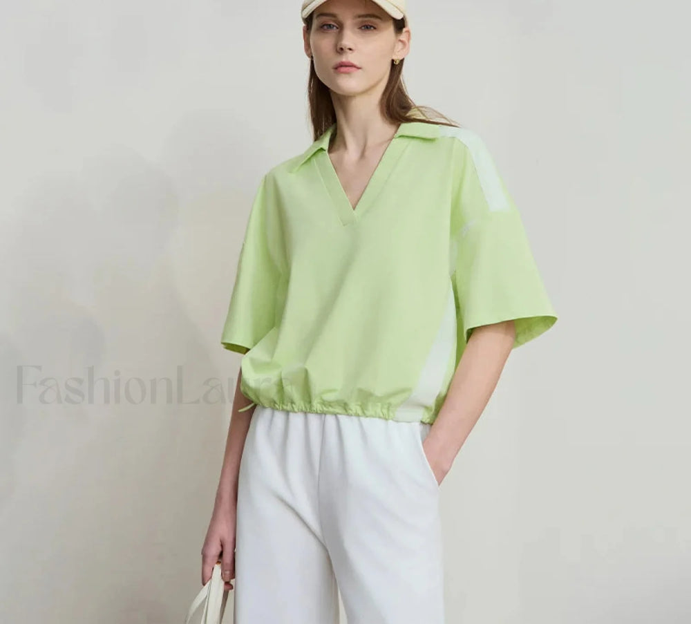 V Neck Loose Short Sleeve Cotton T Shirt Green / S