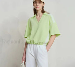 V Neck Loose Short Sleeve Cotton T Shirt Green / S