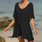 V Neck Lotus Leaf Swing Cover Up Black / One Size