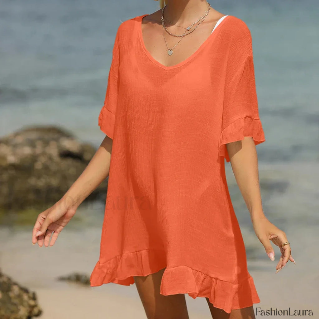 V Neck Lotus Leaf Swing Cover Up Orange / One Size