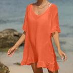 V Neck Lotus Leaf Swing Cover Up Orange / One Size