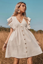 V Neck One Row Button Flared Pastoral Mini Dress