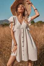 V Neck One Row Button Flared Pastoral Mini Dress
