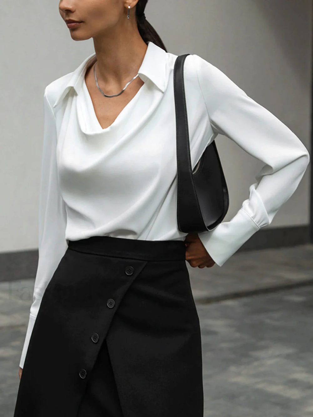 V Neck Pleated Graceful Long Sleeve Blouse Blouses