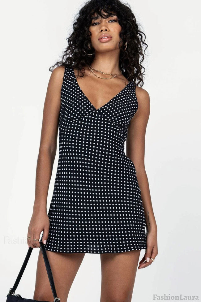 V-Neck Polka Dot Tie Waist Mini Dress Black / S Main image