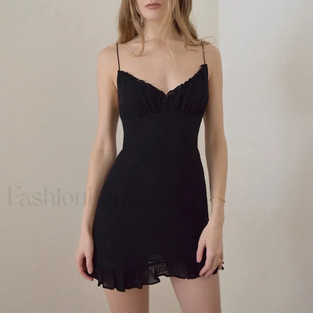 V Neck Ruffle Mini Floral Dress black / S