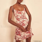 V Neck Ruffle Mini Floral Dress red1 / S