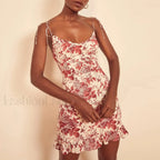 V Neck Ruffle Mini Floral Dress red1 / S