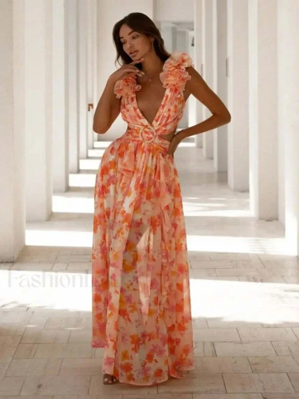 V Neck Ruffle Split Floral Dress Orange / S