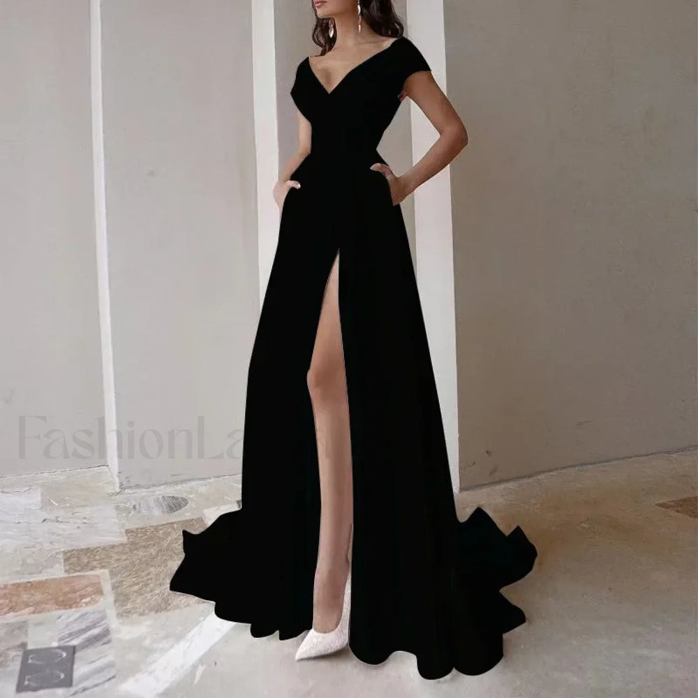 V neck Ruffled Evening Long High Waist Elegant Party 2024 New Sexy Irregular Graduation Prom Dress Black / S