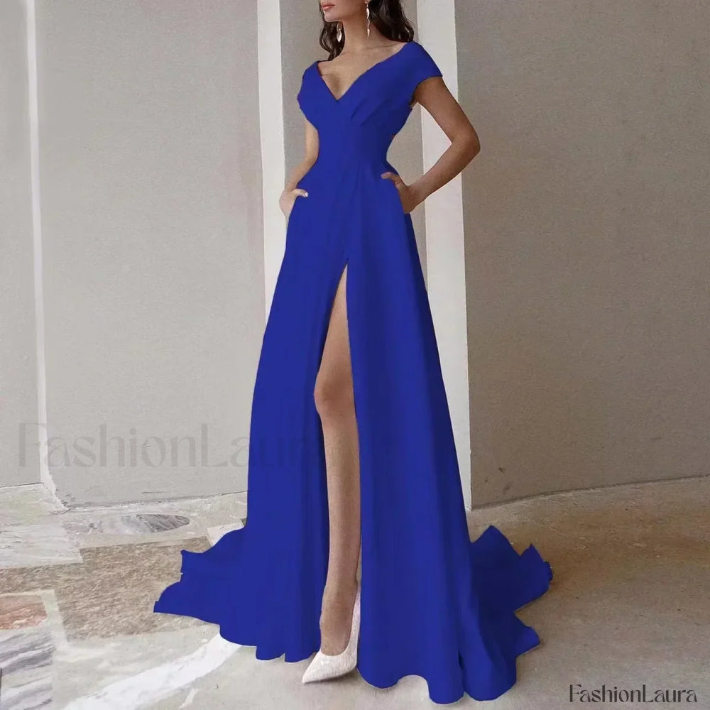 V neck Ruffled Evening Long High Waist Elegant Party 2024 New Sexy Irregular Graduation Prom Dress Blue / S