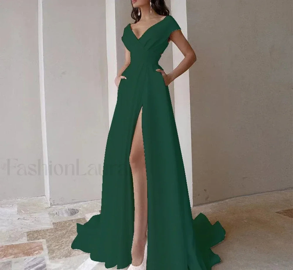 V neck Ruffled Evening Long High Waist Elegant Party 2024 New Sexy Irregular Graduation Prom Dress Green / S