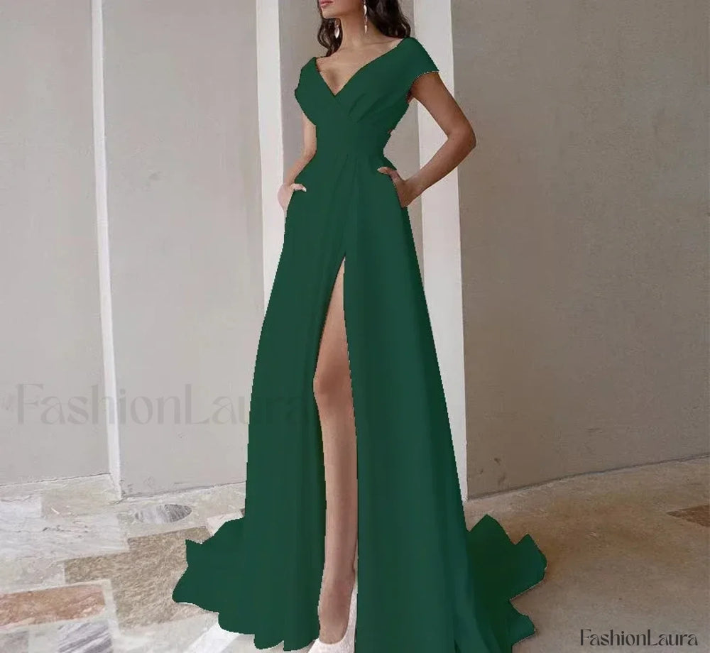V neck Ruffled Evening Long High Waist Elegant Party 2024 New Sexy Irregular Graduation Prom Dress Green / S