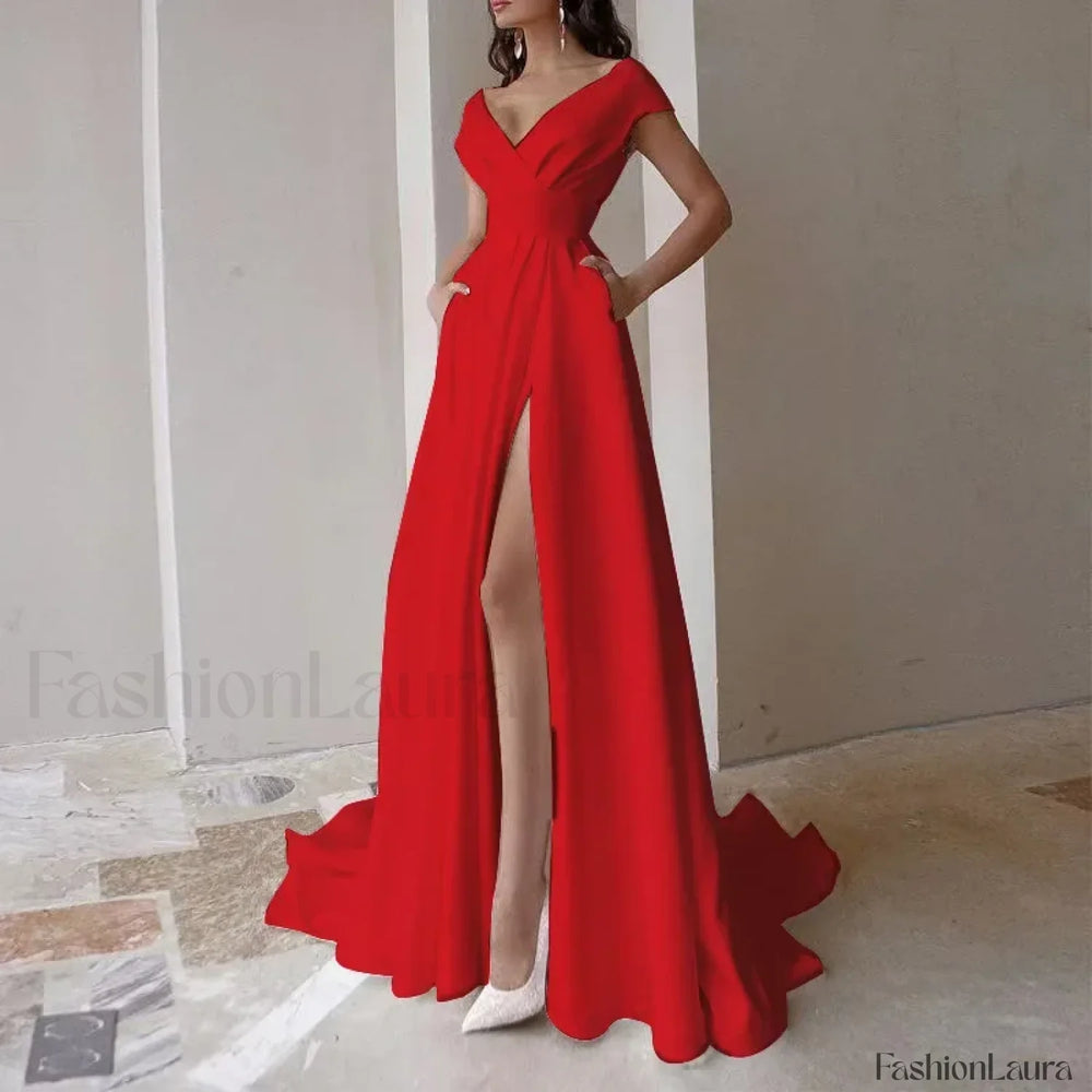 V neck Ruffled Evening Long High Waist Elegant Party 2024 New Sexy Irregular Graduation Prom Dress Red / S