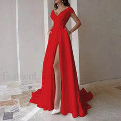 V neck Ruffled Evening Long High Waist Elegant Party 2024 New Sexy Irregular Graduation Prom Dress Red / S