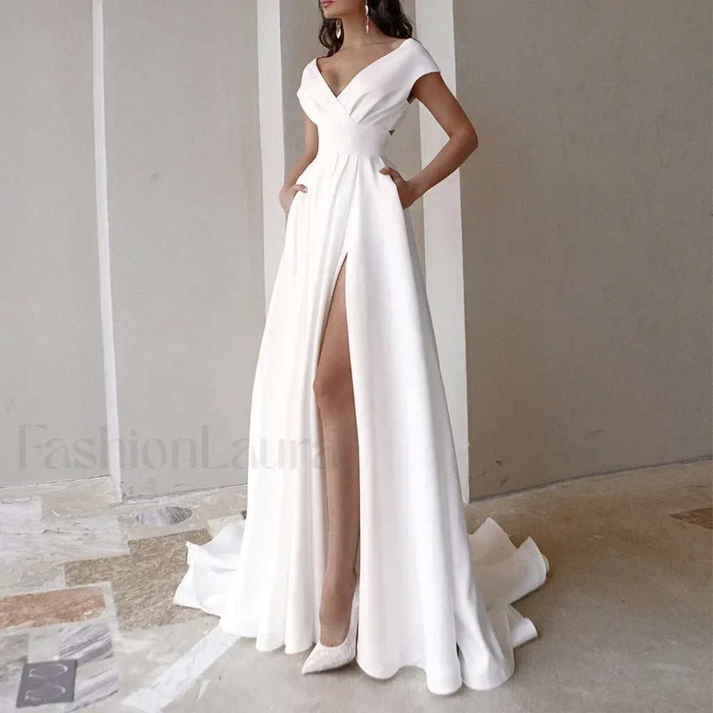 V neck Ruffled Evening Long High Waist Elegant Party 2024 New Sexy Irregular Graduation Prom Dress White / S