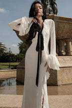V Neck Ruffled Split Long Sleeve Maxi Dress White / S