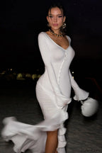 V Neck Ruffled Split Maxi Dress