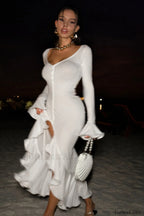V Neck Ruffled Split Maxi Dress White / S
