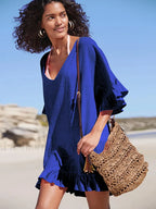 V Neck See Through Ruffle Cover Up Blue / One Size