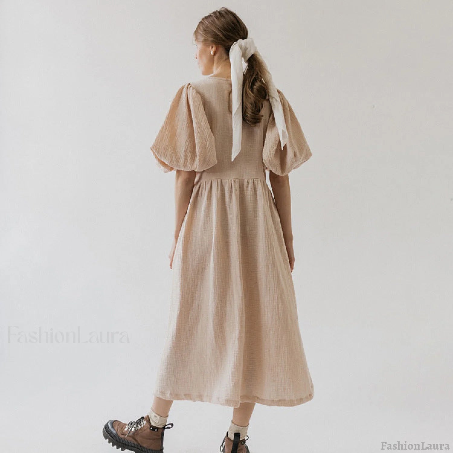 V neck Short Sleeve Lace up Dress French Office Solid Color Dress Secondary image
