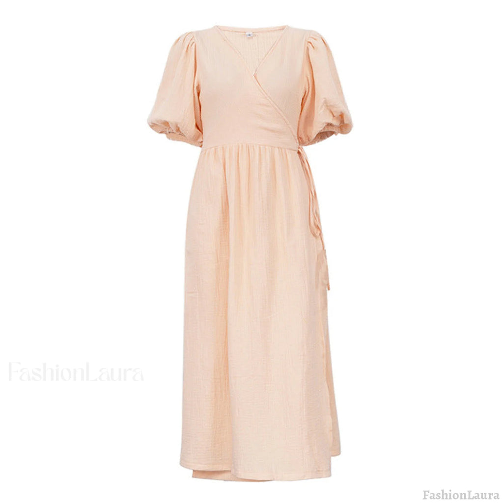 V neck Short Sleeve Lace up Dress French Office Solid Color Dress S / Apricot
