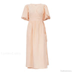 V neck Short Sleeve Lace up Dress French Office Solid Color Dress S / Apricot