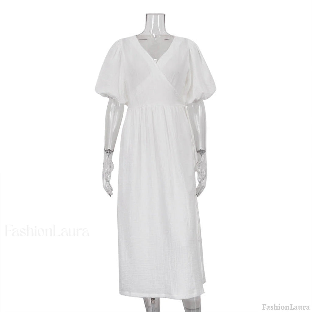 V neck Short Sleeve Lace up Dress French Office Solid Color Dress S / White