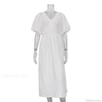 V neck Short Sleeve Lace up Dress French Office Solid Color Dress S / White