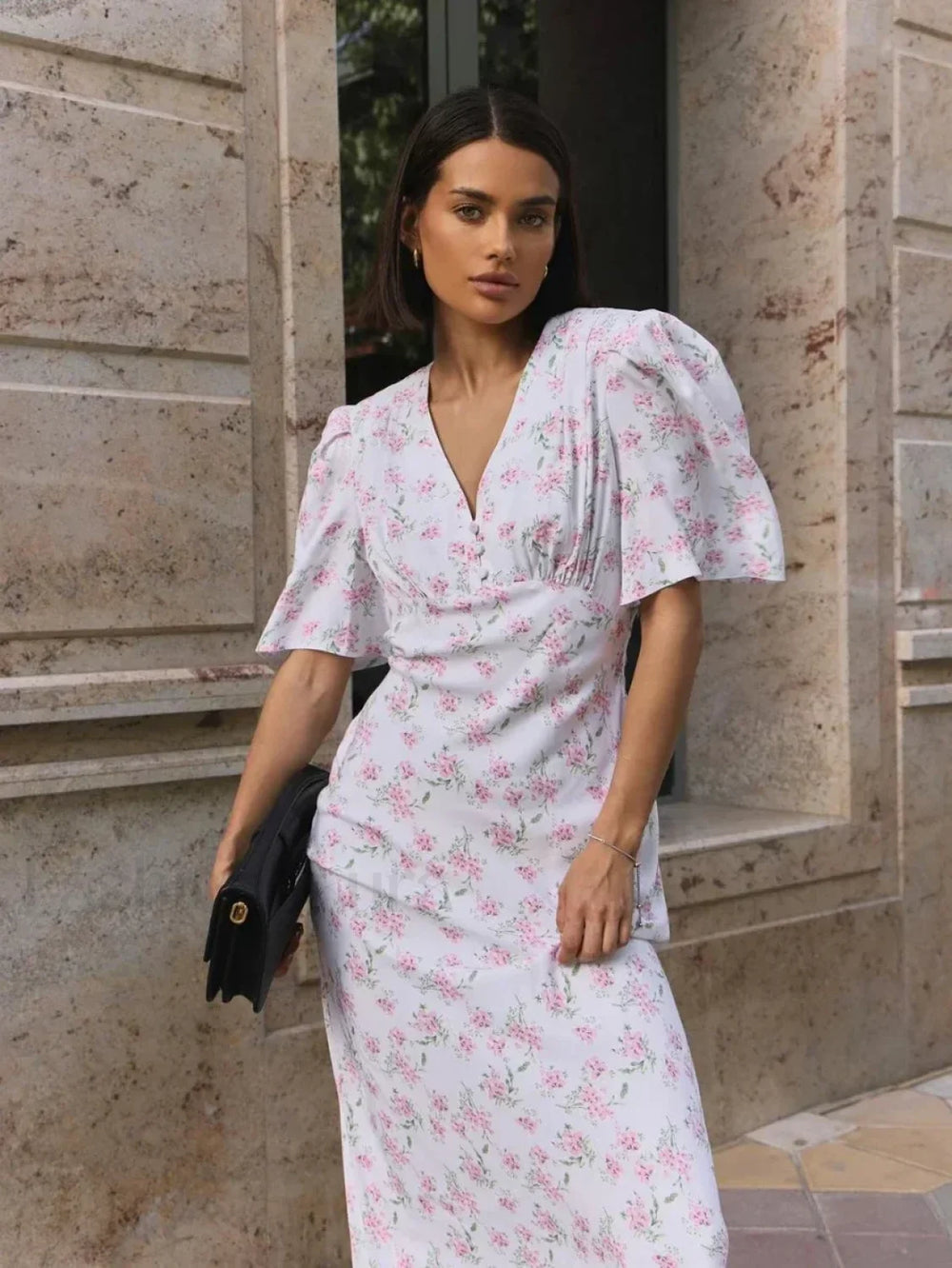 V Neck Slim Fit Floral Dress