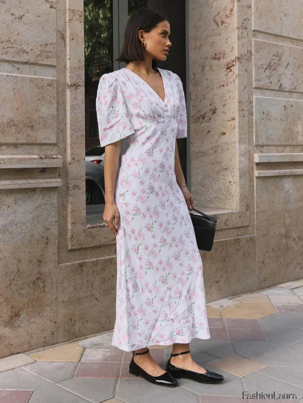 V Neck Slim Fit Floral Dress