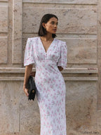 V Neck Slim Fit Floral Dress WHITE / S