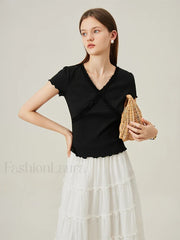 V Neck Slim Lace Patchwork Knit T Shirt Black / XS